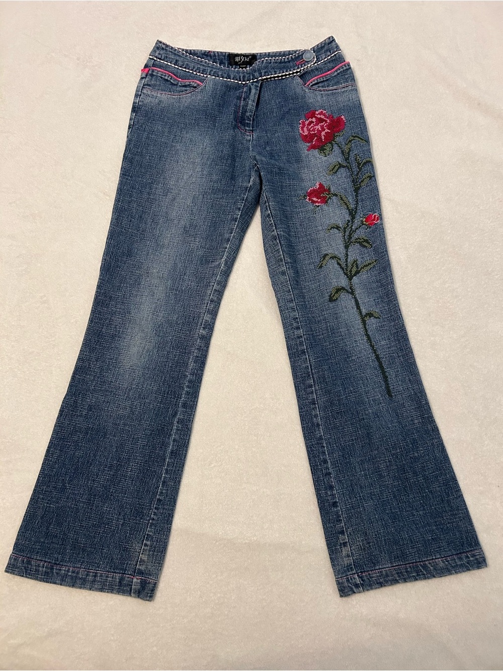 Vintage 2000s Floral Embroidered Wide Flared Jeans
